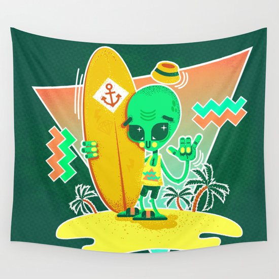 Alien Surfer Nineties Pattern Wall Tapestry
