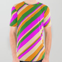 [ Thumbnail: Tan, Dark Orange, Forest Green, and Fuchsia Colored Striped Pattern All Over Graphic Tee ]