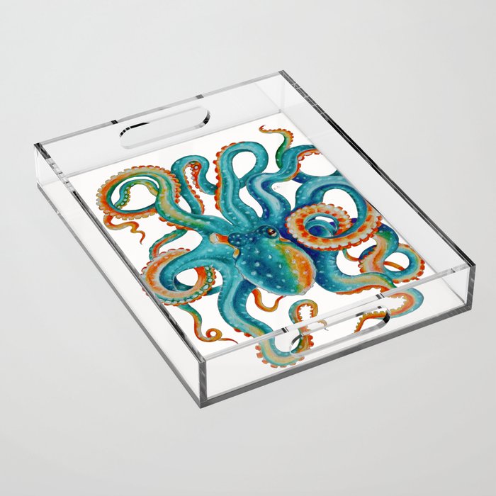 Octopus Teal Watercolor Ink Acrylic Tray