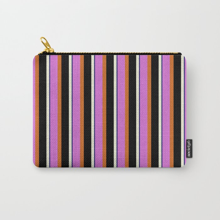 Orchid, Chocolate, Black, Beige & Midnight Blue Colored Lined/Striped Pattern Carry-All Pouch