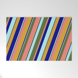 [ Thumbnail: Colorful Dark Olive Green, Light Coral, Goldenrod, Dark Blue, and Turquoise Colored Lined Pattern Welcome Mat ]