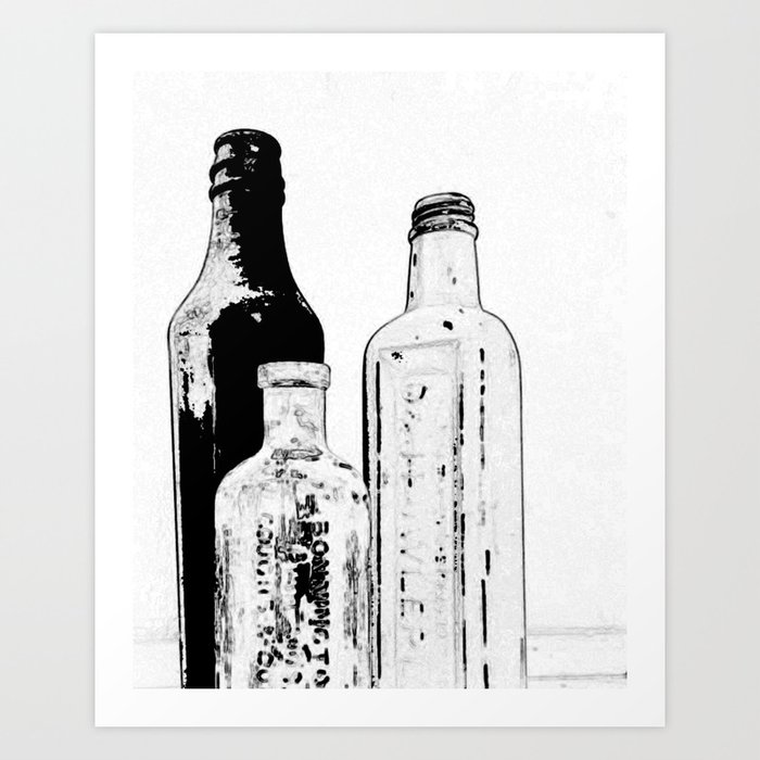 Drawing of Antique Bottles Black & White Art Print