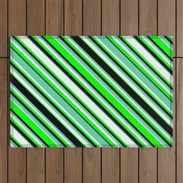 [ Thumbnail: Aquamarine, Mint Cream, Lime, and Black Colored Pattern of Stripes Outdoor Rug ]
