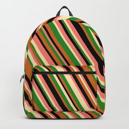 [ Thumbnail: Eye-catching Salmon, Beige, Forest Green, Chocolate, and Black Colored Lines/Stripes Pattern Backpack ]