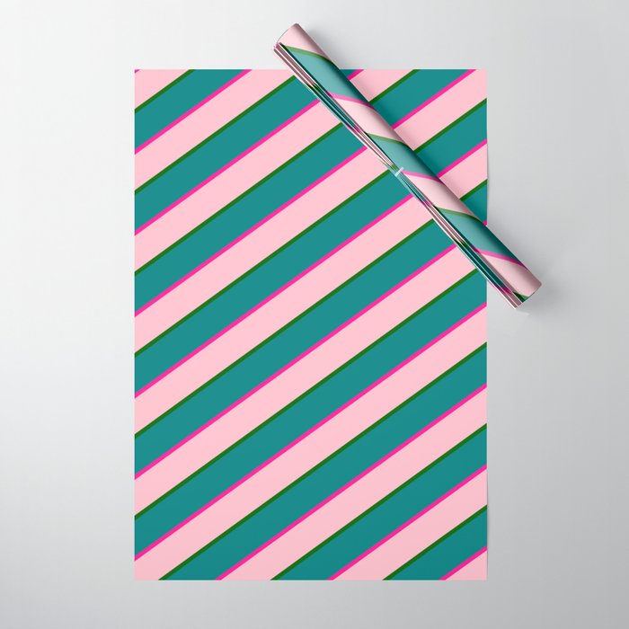 Deep Pink, Pink, Dark Green & Teal Colored Lined/Striped Pattern Wrapping Paper