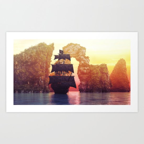 A pirate ship off an island at a sunset Art Print