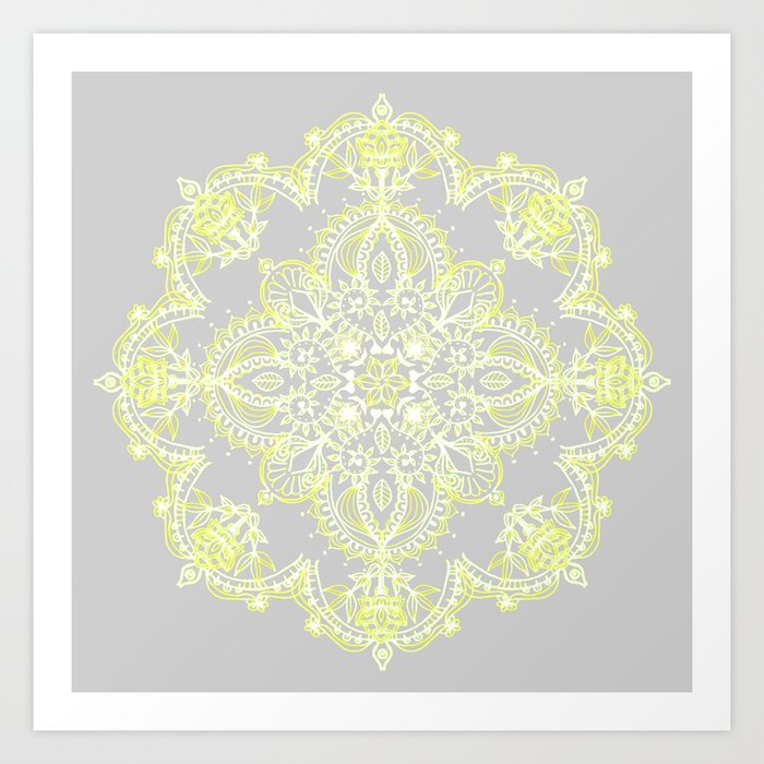 Pale Lemon Yellow Lace Mandala on Grey Art Print