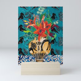 Amphitrite: Orange Lily and Wildflower Bouquet in Lion and Giraffe Urn on Emerald Matisse Inspired Wallpaper Mini Art Print