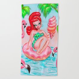 Redhead Pinup Girl on Donut Floatie with Flamingos Beach Towel