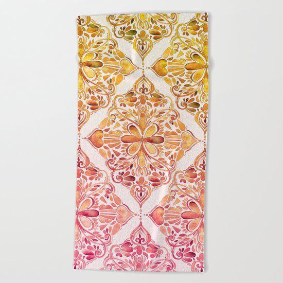 Sunset Art Nouveau Watercolor Doodle Beach Towel