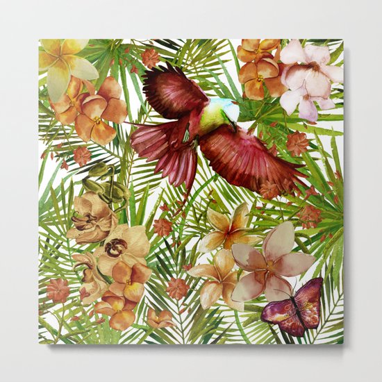 Aloha- Tropical Jungle Bird, Butterfly and Flowers Garden Metal Print