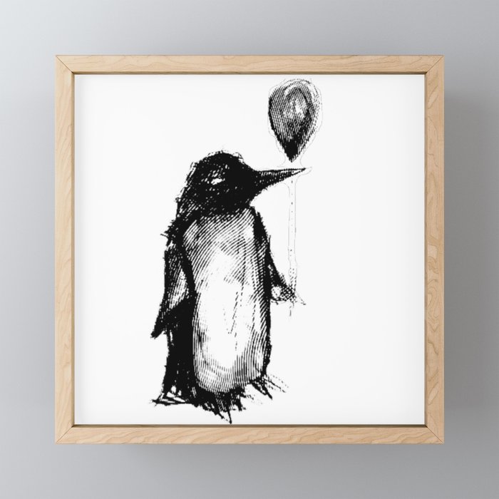 Penguin with a Balloon, Charcoal, Linocut, Design by Tim Ozman Framed Mini Art Print