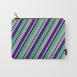 [ Thumbnail: Indigo, Sea Green & Dark Gray Colored Lined/Striped Pattern Carry-All Pouch ]