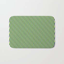 [ Thumbnail: Chartreuse, Blue & Bisque Colored Stripes Pattern Bath Mat ]