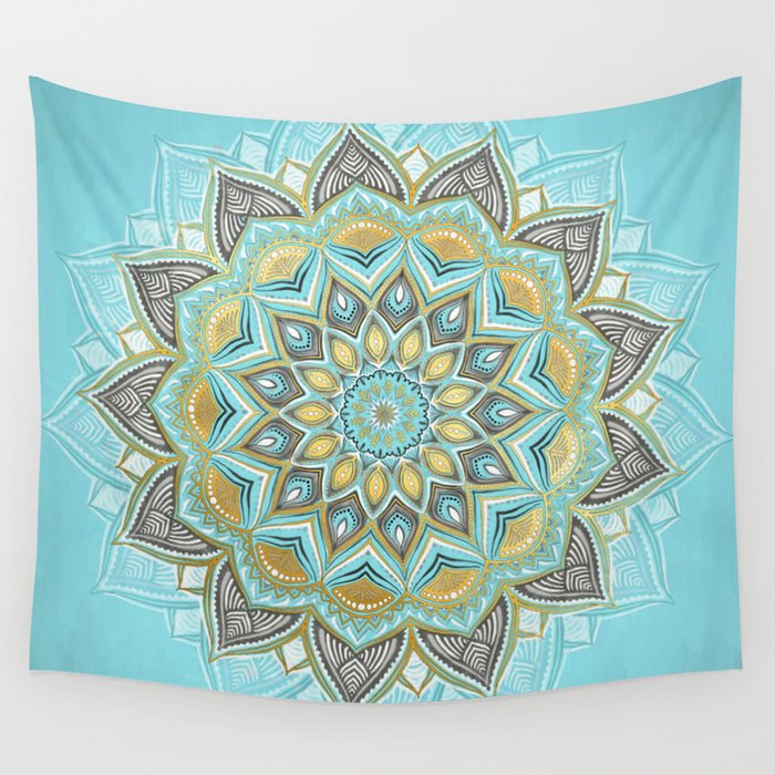 Cyan & Golden Yellow Sunny Skies Medallion Wall Tapestry