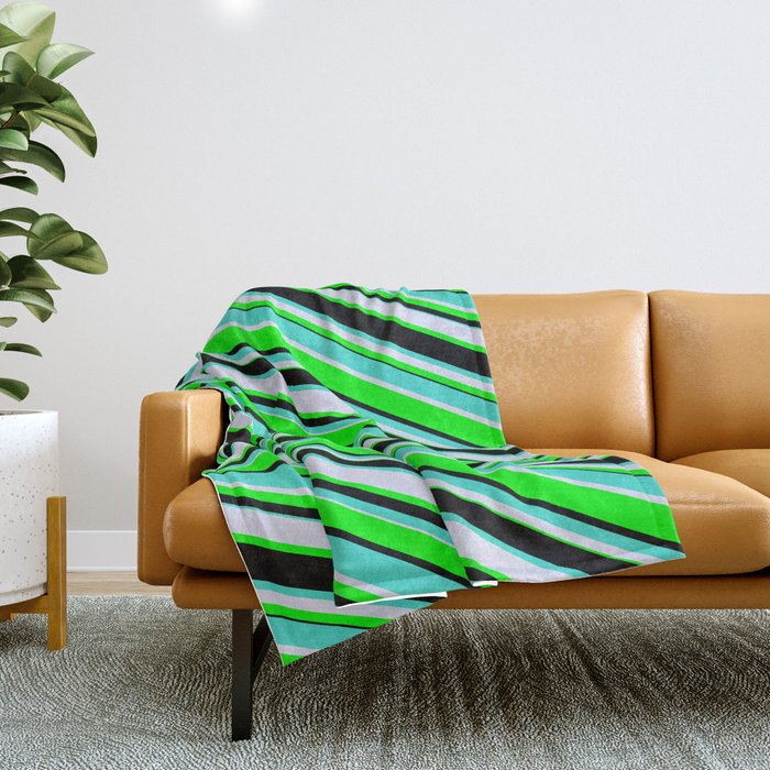 Turquoise, Lavender, Lime & Black Colored Lines Pattern Throw Blanket