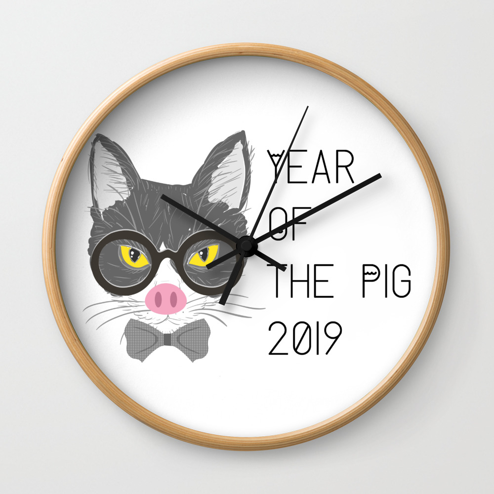 Funny Cat Pig Happy New Year 2019 Dog Lover Gift Wall Clock By Magnum Society6