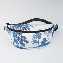 Vintage garden fruit trees, palm trees, sakura trees, plant floral seamless pattern on white background. Exotic blue chinoiserie hand drawn.  Fanny Pack