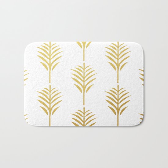 Golden Palm Leaves on White Bath Mat