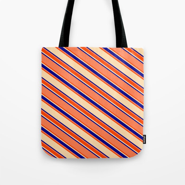 Coral, Red, Tan, and Dark Blue Colored Lines/Stripes Pattern Tote Bag