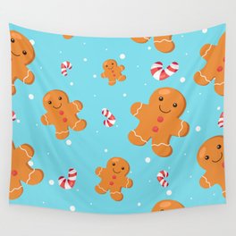 Seamless Pattern Christmas Background with Gingerbread on Blue Background Wall Tapestry
