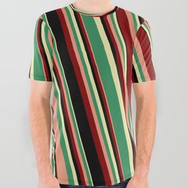 [ Thumbnail: Vibrant Pale Goldenrod, Sea Green, Dark Salmon, Maroon, and Black Colored Striped Pattern All Over Graphic Tee ]
