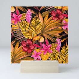 Beautiful seamless floral summer pattern background with tropical palm leaves, flamingo, hibiscus. Mini Art Print