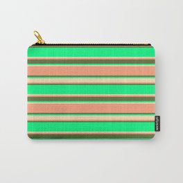 [ Thumbnail: Green, Beige, Light Salmon & Dark Olive Green Colored Stripes Pattern Carry-All Pouch ]