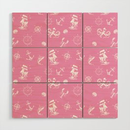 Pink And White Silhouettes Of Vintage Nautical Pattern Wood Wall Art