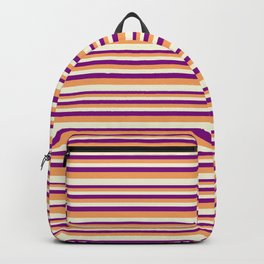 [ Thumbnail: Purple, Brown & Beige Colored Striped/Lined Pattern Backpack ]