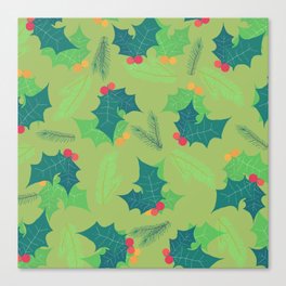 Christmas Pattern Leaves Mistletoe Pine Canvas Print