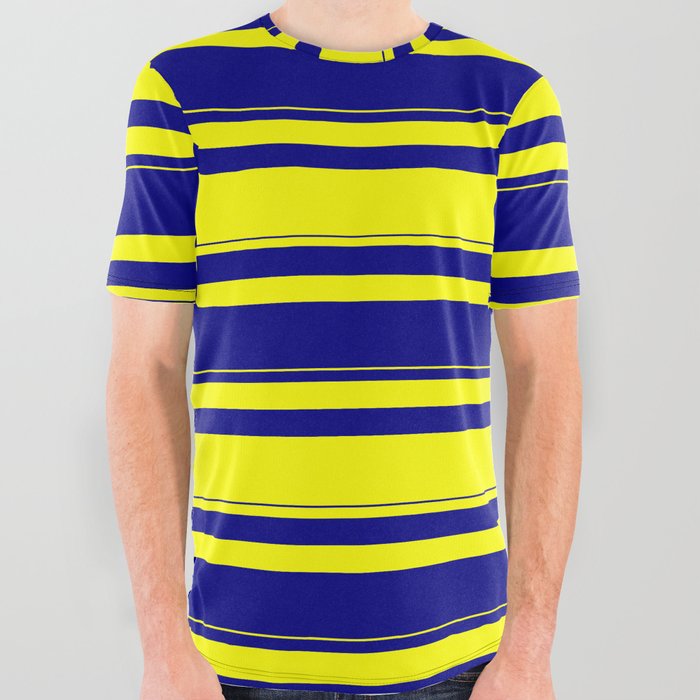 Yellow & Blue Colored Lined/Striped Pattern All Over Graphic Tee