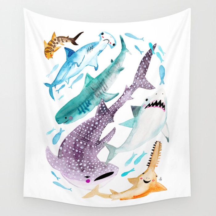Help Stop Shark Finning Watercolor Ocean Animals Fish Wall Tapestry