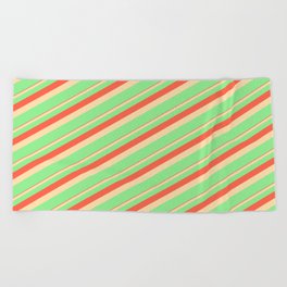 [ Thumbnail: Red, Tan & Light Green Colored Lines Pattern Beach Towel ]