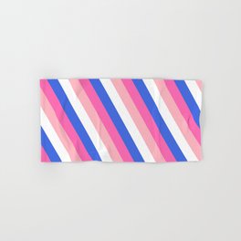 [ Thumbnail: White, Royal Blue, Hot Pink, and Light Pink Colored Stripes Pattern Hand & Bath Towel ]