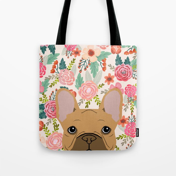French Bulldog florals portrait dog breed custom pet portraits by pet friendly frenchie Tote Bag
