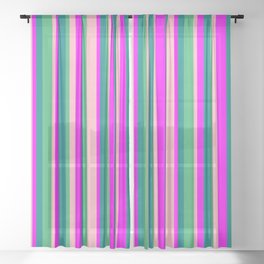 [ Thumbnail: Sea Green, Teal, Fuchsia & Light Pink Colored Striped Pattern Sheer Curtain ]