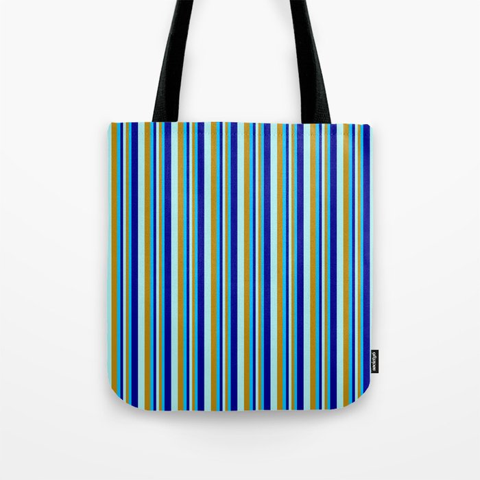 Deep Sky Blue, Dark Goldenrod, Turquoise & Dark Blue Colored Striped/Lined Pattern Tote Bag