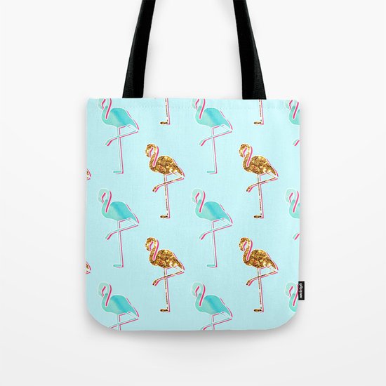 Golden Blue Flamingo Pattern Tote Bag