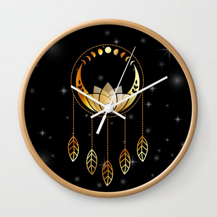 Mystic lotus dream catcher with moons and stars gold Wall Clock