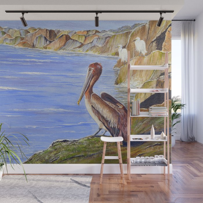 Pelican And Snowy Egrets On A Jetty Wall Mural