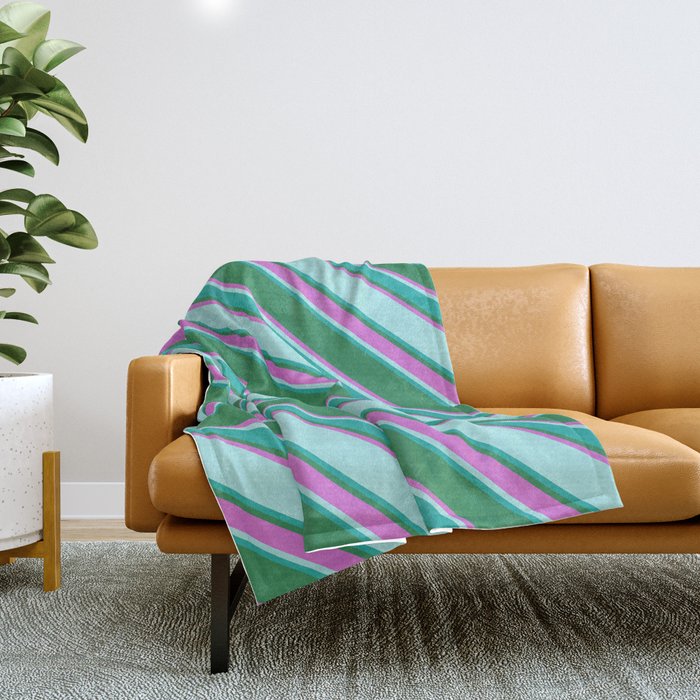 Sea Green, Orchid, Turquoise & Light Sea Green Colored Lined Pattern Throw Blanket