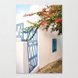 White house with bouganville and blue window - Mediterranean islands - Stromboli, Aeolian islands, Sicily, Italy - Travel Fina Art Photography Canvas Print