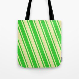 [ Thumbnail: Lime Green and Pale Goldenrod Colored Stripes Pattern Tote Bag ]