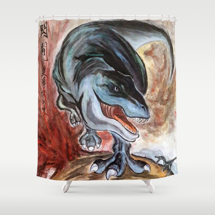Trex born from a volcano - Yellowbox ink painting Shower Curtain