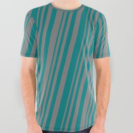 [ Thumbnail: Teal and Gray Colored Striped Pattern All Over Graphic Tee ]