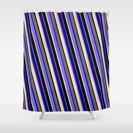 [ Thumbnail: Vibrant Dim Grey, Dark Blue, Medium Slate Blue, Tan & Black Colored Striped Pattern Shower Curtain ]