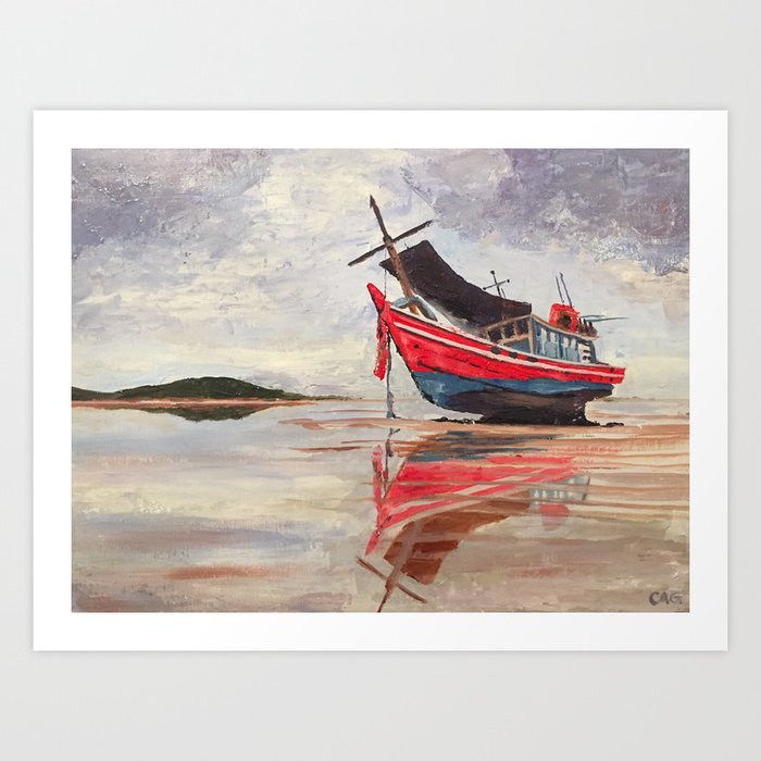Red boat on sandy beach Art Print
