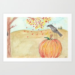 Crow on Autumn Pumpkin Art Print