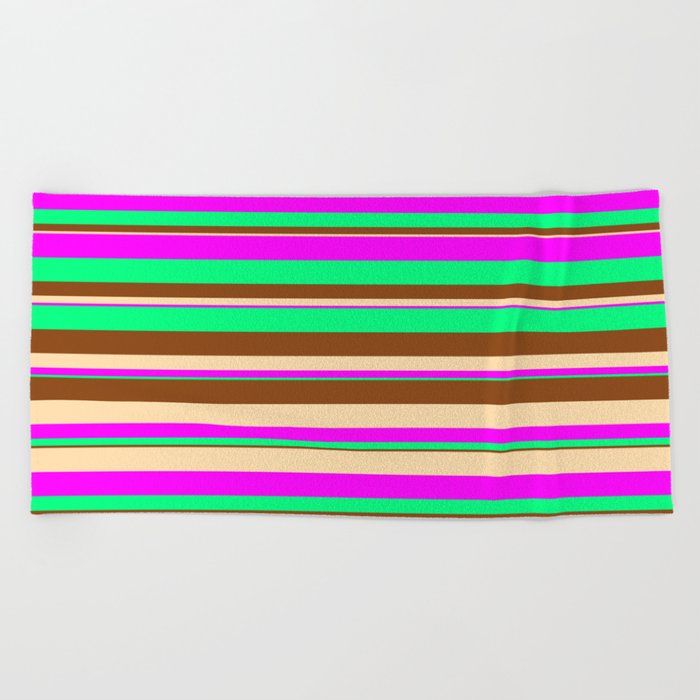 Tan, Fuchsia, Green & Brown Colored Striped Pattern Beach Towel